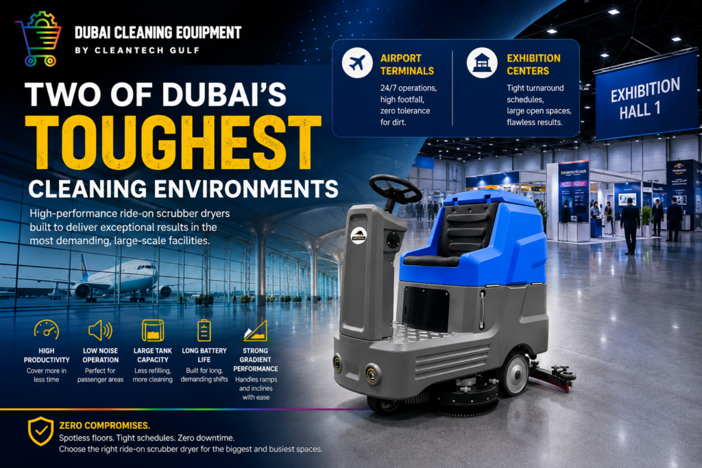 Best Ride-On Scrubber Dryer for Dubai Airports & Exhibition Centers